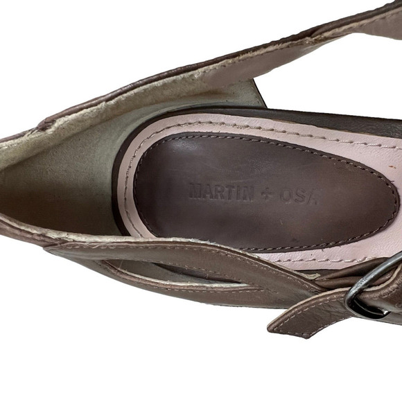 Martin + OSA Pump Brown Leather Ankle Strap Blocked Heel Peep Toe Women Size 10 - Picture 7 of 9